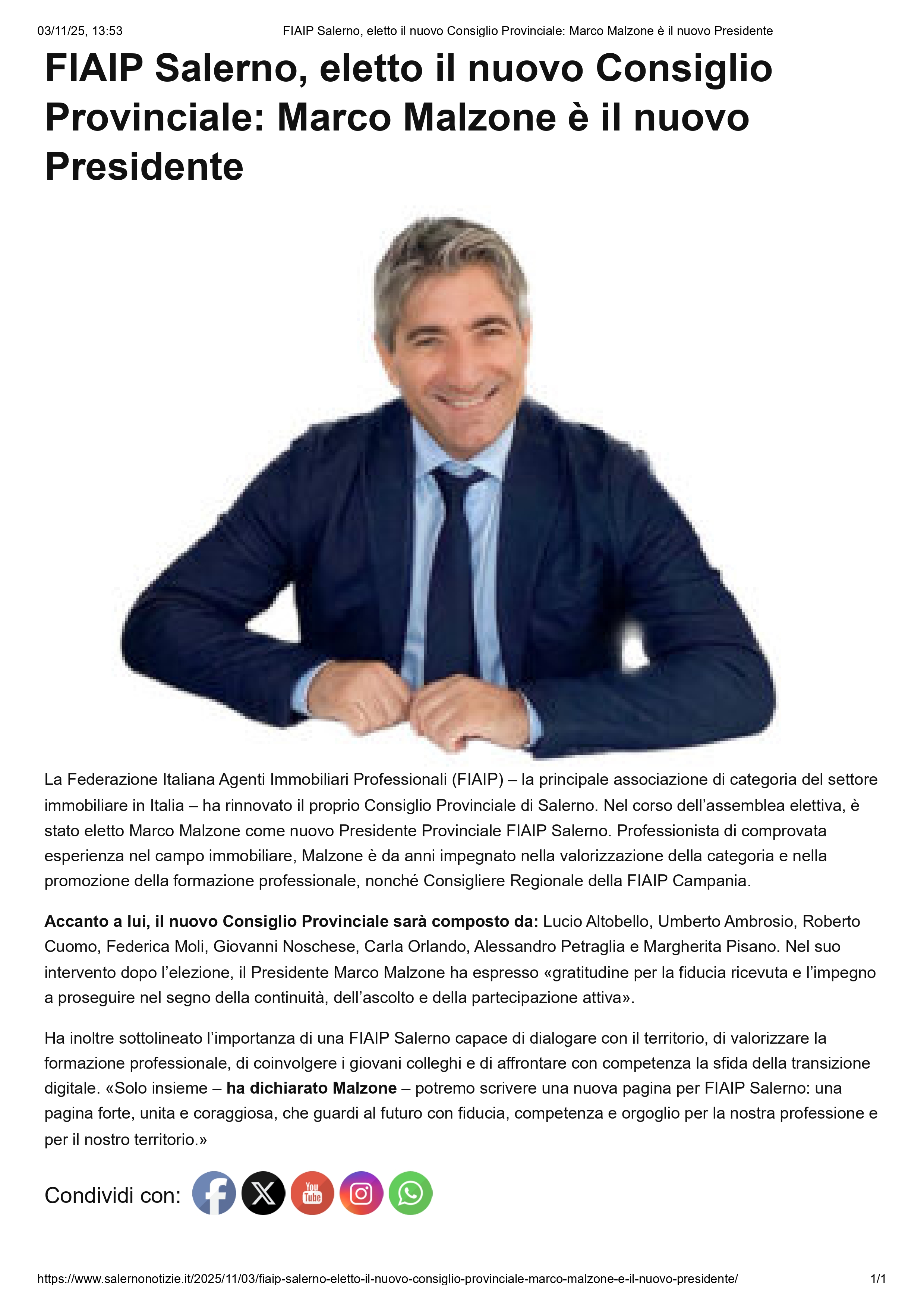 Marco Malzone nuovo Presidente Provinciale FIAIP Salerno